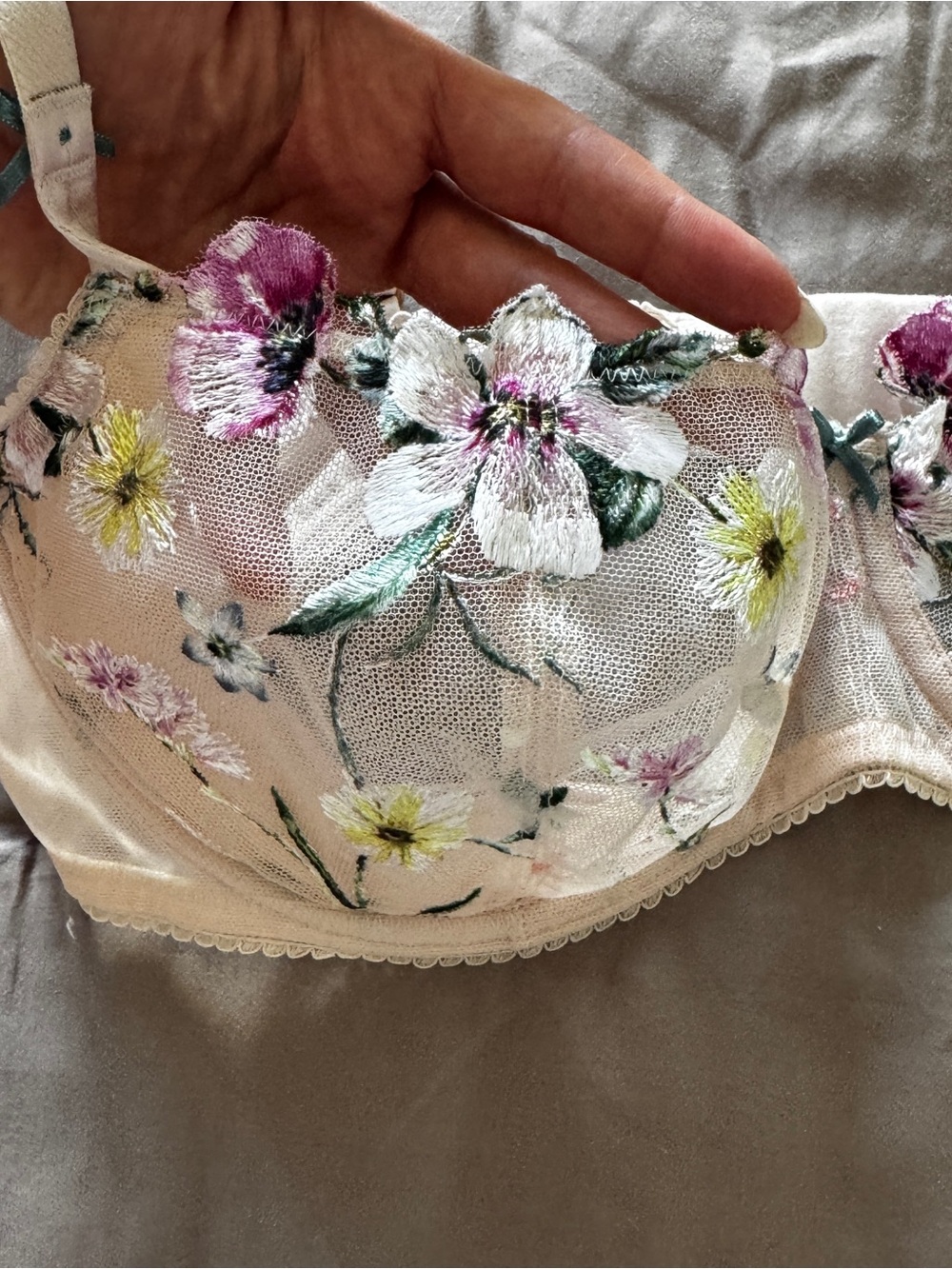 Floral Embroidered Sheer Balconette Bra - Cream - Picture 2 of 4